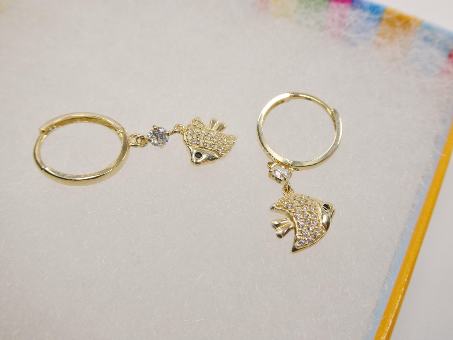 real 10k solid yellow gold fish dangling hoop huggie earrings