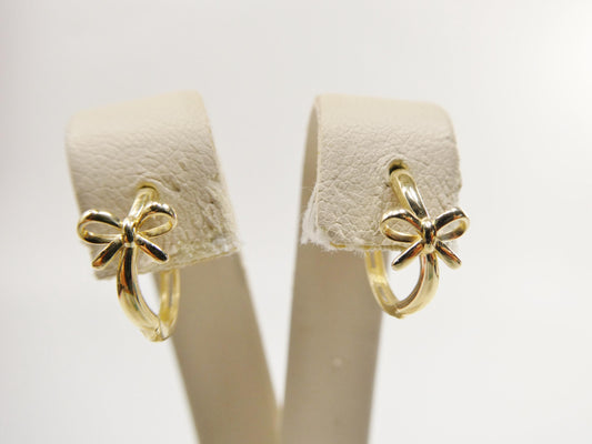 real 10k solid yellow gold designer bow hoop huggie earrings