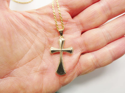 14k Real Solid Yellow Gold Super High Polish Cross Pendent and Robe Necklace