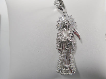 Real 925 Sterling Silver 22 Inch Dlat Chain and Large Santa Muerte Pendent Charm