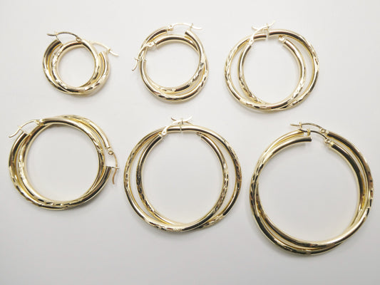 14K real solid yellow gold round hoop earring snap closure diamond cut finish