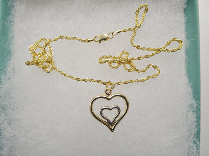 14k Real Solid Yellow Gold Two Tone Double Heart Pendent and Robe Necklace