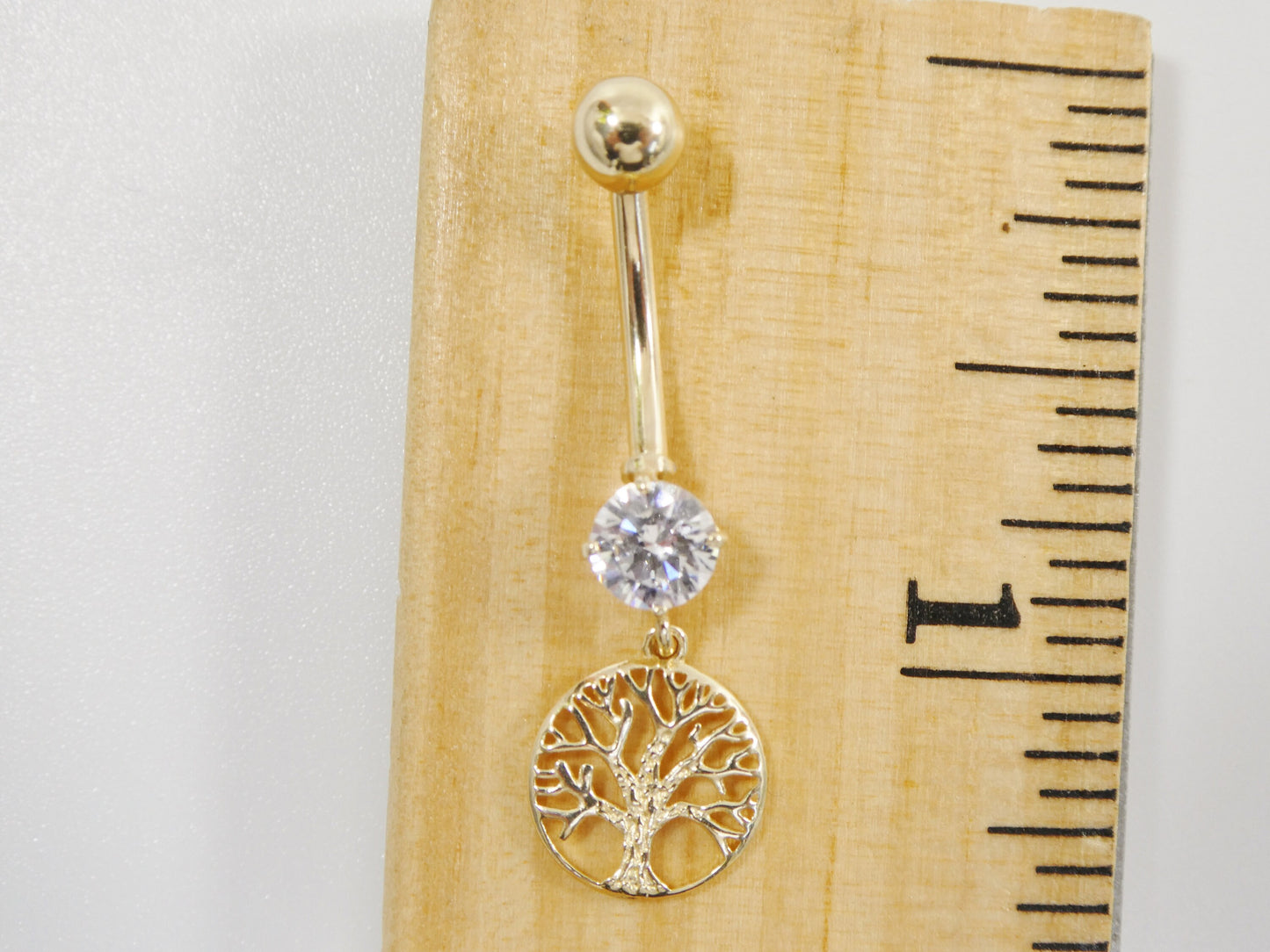 14k real solid yellow gold dangling tree of life belly button ring piercing