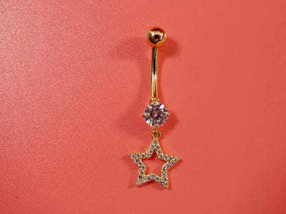 14k Real Solid Yellow Gold Dangling Star Belly Button Ring Piercing