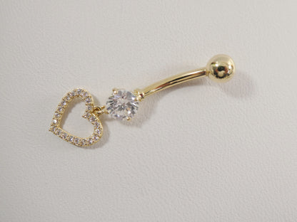 14k Real Solid Yellow Gold Dangling Heart Belly Button Ring Piercing
