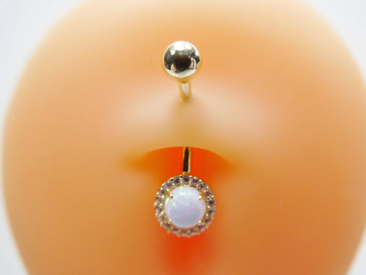 14k real solid yellow gold circle opal belly button ring piercing
