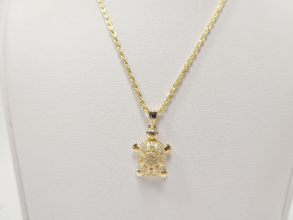 14k Real Solid Yellow Gold Turtle Pendent and Rope Necklace