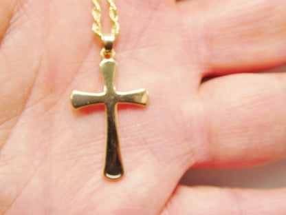 14k Real Solid Yellow Gold Super Polish Cross Pendent and Robe Necklace