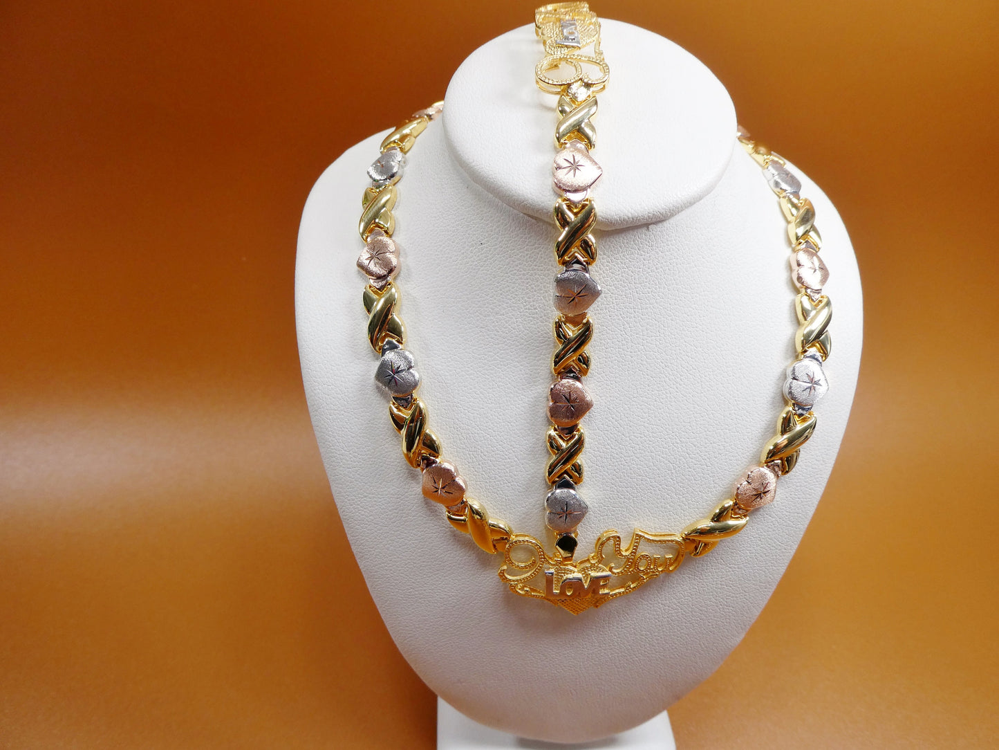 Sterling Silver XOXO Necklace Bracelet Set: Tri Color Gold Tone