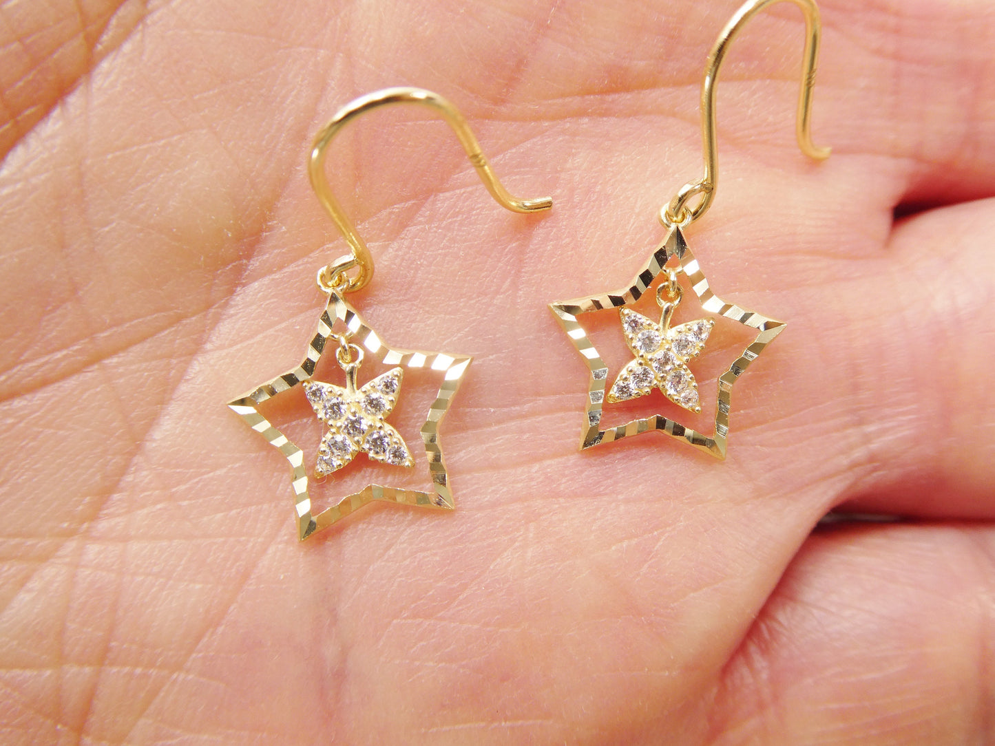 real 10k solid yellow gold dangle star fish hook earring