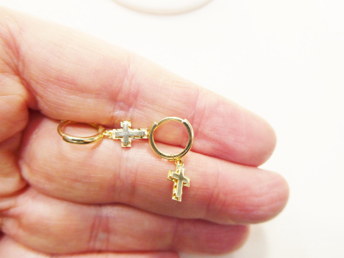 real 10k solid yellow gold cross dropping hoop huggie earring