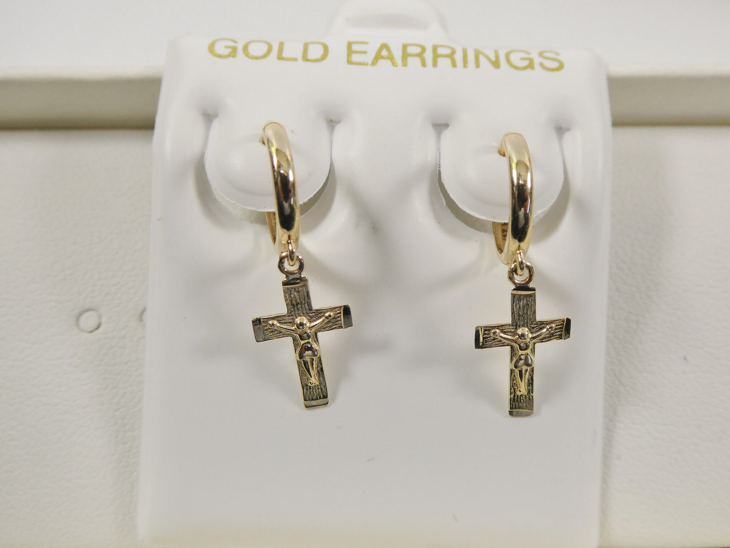 real 10k solid yellow gold hoop huggie dangle cross earrings