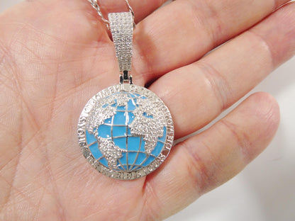 Real 925 Sterling Silver Enamel Globe Pendent Necklace