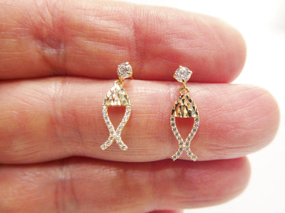 Real 10k Solid Yellow Gold Fish Dangling Push Post Earrings