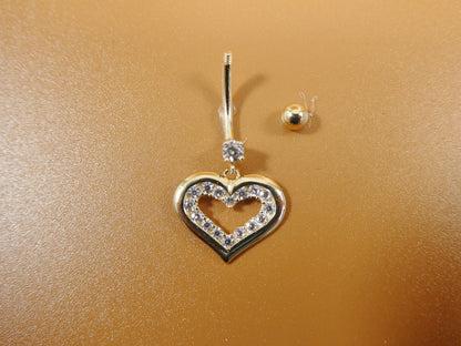 14k Real Solid Yellow Gold Heart Dangling Belly Ring