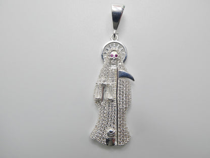 Real 925 Sterling Silver 22 inch Flat Chain And Large Santa Muerte Pendent Charm