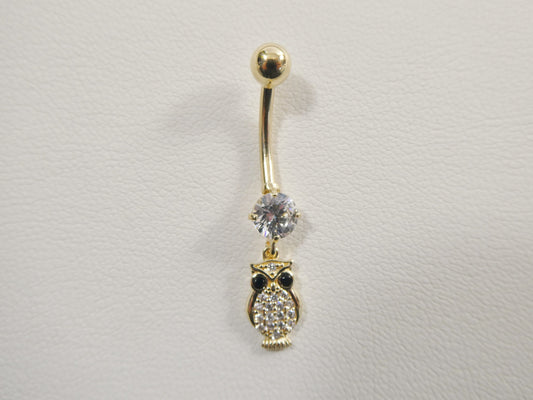 14k real solid yellow gold owl dangling belly button ring piercing