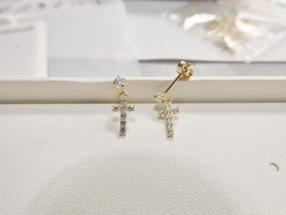 Real 10k Solid Yellow Gold Cross Dropping Push Post Earrings