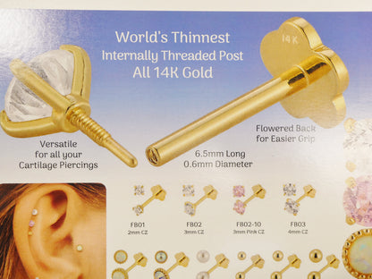 2MM 14k Real Solid Yellow Gold Cartilage Flat Screw Back Piercing