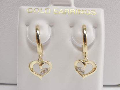 Real 10k Solid Yellow Gold Designer Heart Dangling Hoop Huggie Earrings