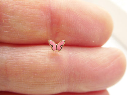 14k Real Solid Yellow Gold Tiny Pink Butterfly Stud Nose Ring