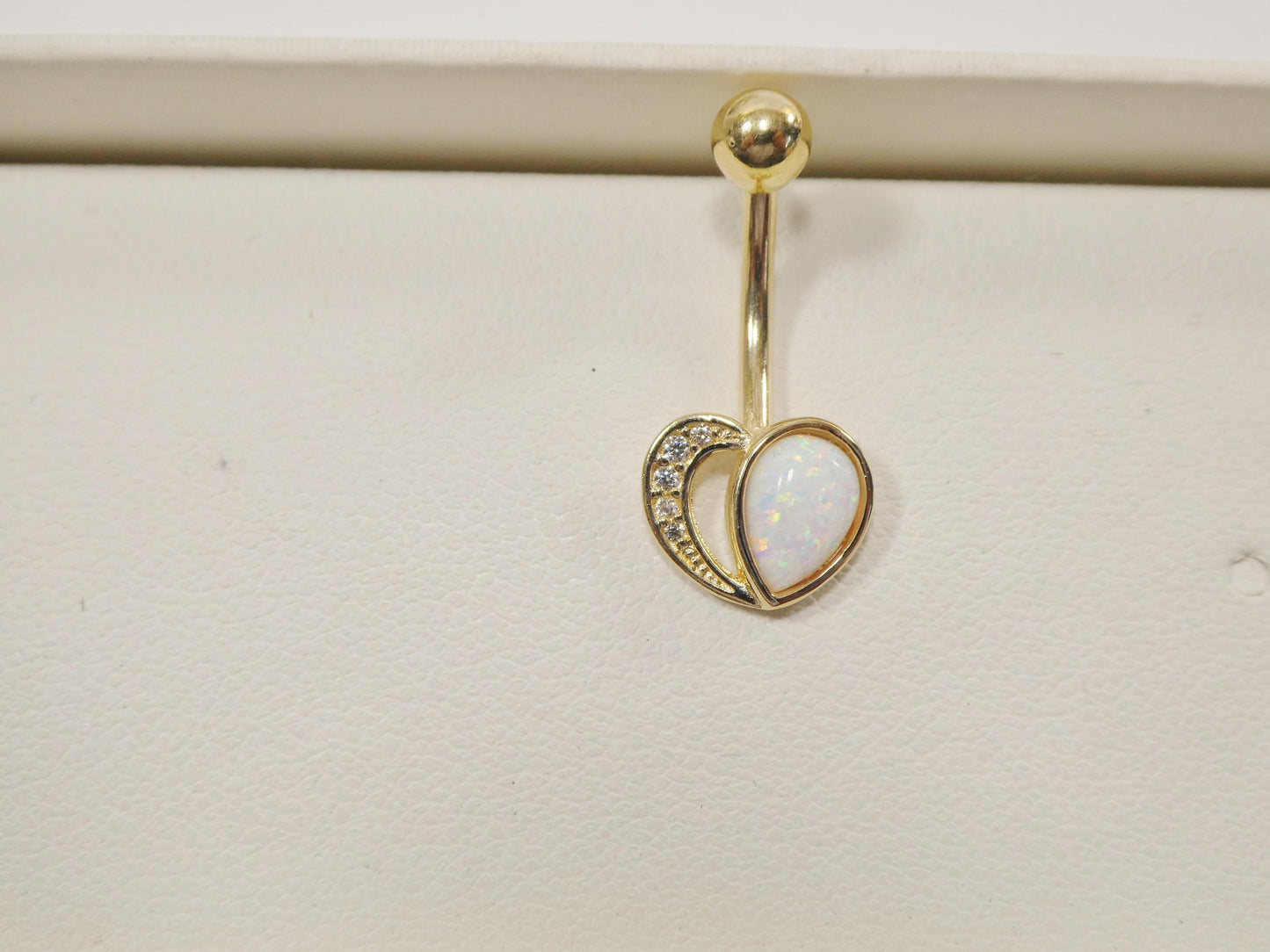 14k real solid yellow gold heart shape opal belly button ring piercing