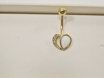 14k Real Solid Yellow Gold Heart Shape Opal Belly Button Ring piercing