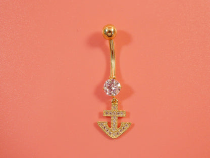 14k Real Solid Yellow Gold Dangling Anchor Belly Button Ring Piercing