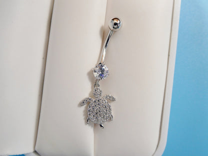 14k Real Solid Yellow Gold Dangling Turtle Belly Button Ring Piercing
