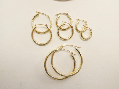 10k Real Solid Yellow Gold 2mm Tube Diamond Cut Hoop Earrings