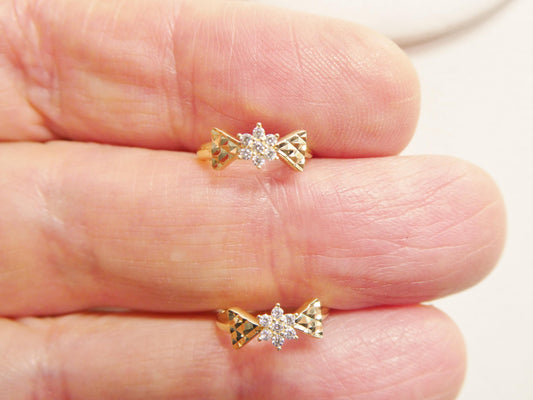 real 10k solid yellow gold designer bow flower hoop huggie earrings