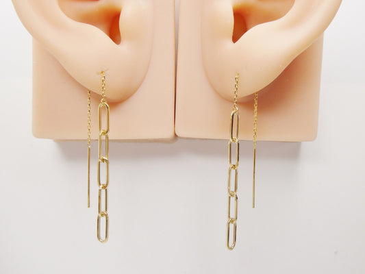 14k real solid yellow gold paperclip long dangling earring