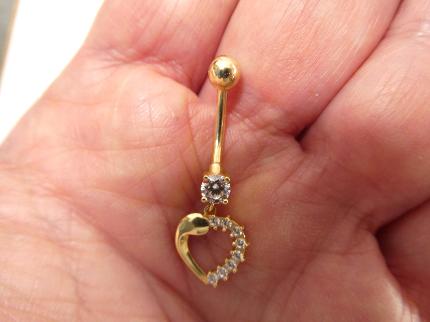 14k real solid yellow gold heart dangling belly button ring piercing