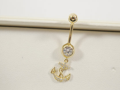 14k Real Solid Yellow Gold Dangling Anchor Belly Button Ring Piercing