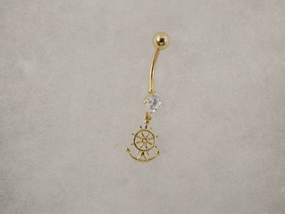 14k Real Solid Yellow Gold Dangling Steering Wheel Anchor Belly Button Ring Piercing
