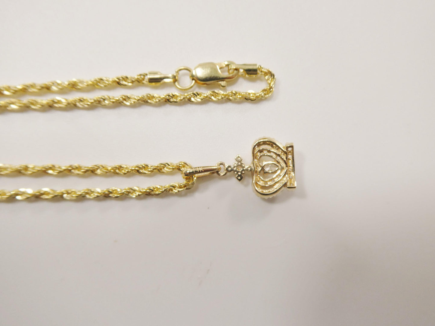14k real solid yellow gold crown pendent and rope necklace