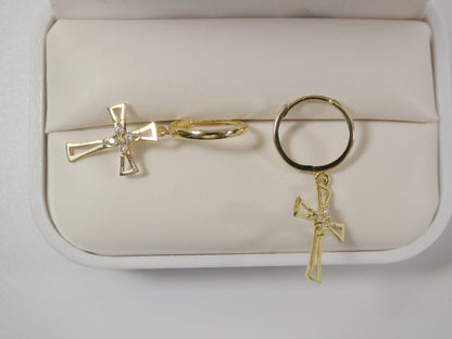 10k Real Solid Yellow Gold Plain Hoop Huggie Cross Dropping