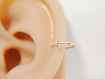 14k Real Solid Yellow Gold CZ Hoop Earring Cartilage Daith Ring Piercing