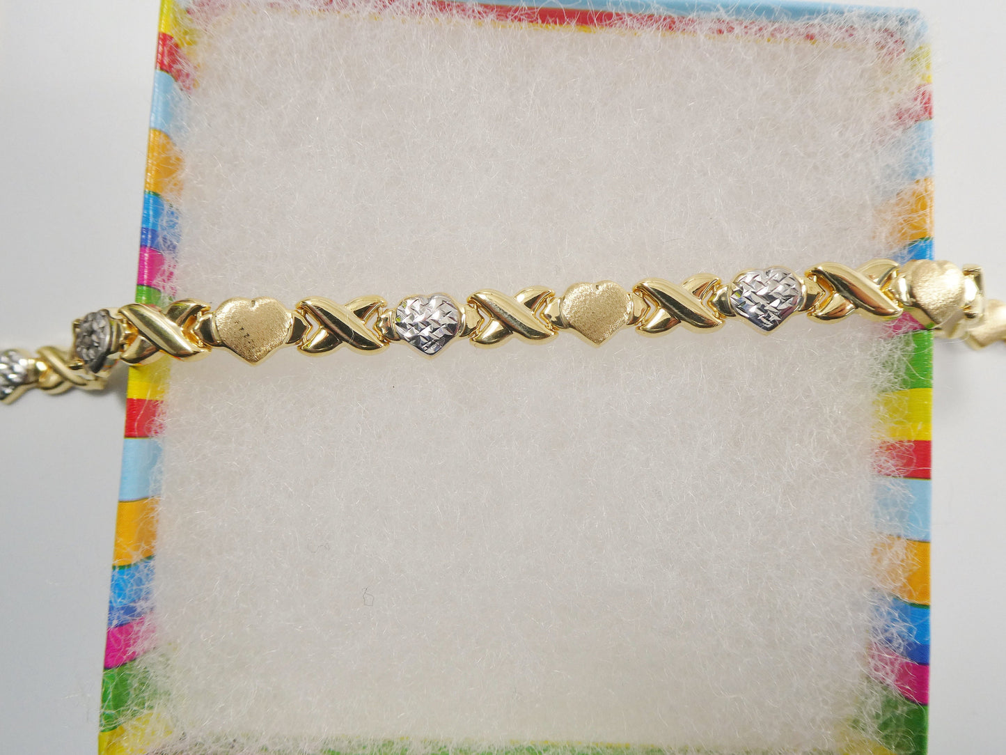 Sterling Silver XOXO Heart Bracelet: 14k Gold Finish