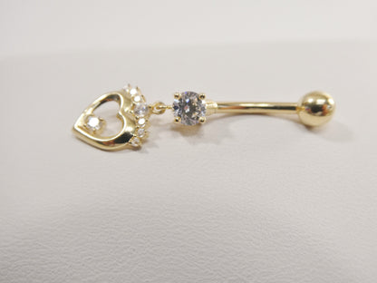 14k Real Solid Yellow Gold Heart Dangling Belly Button Ring Piercing