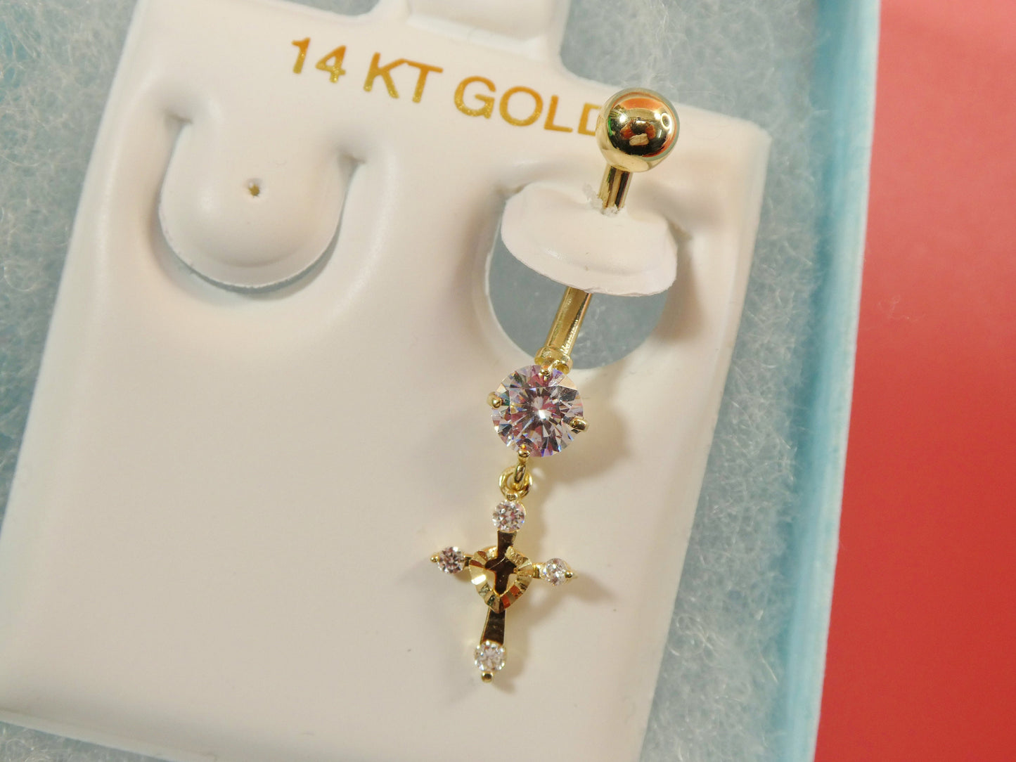 14k real solid yellow gold dangling cross belly button ring piercing