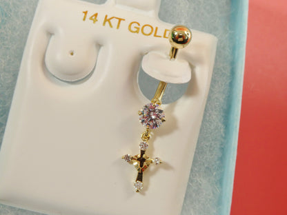 14k Real Solid Yellow Gold Dangling Cross Belly Button Ring Piercing