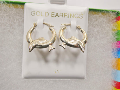 10k Real Solid Yellow Gold Dolphin Hoop Earrings