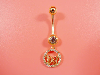 14k Real Solid Yellow Gold Dangling Circle Butterfly Belly Button Ring Piercing