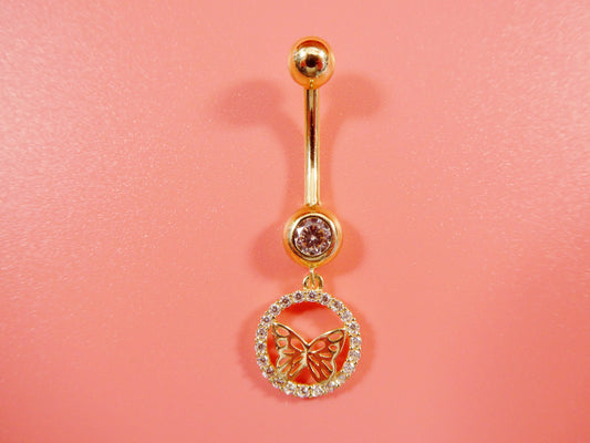 14k real solid yellow gold dangling circle butterfly belly button ring piercing