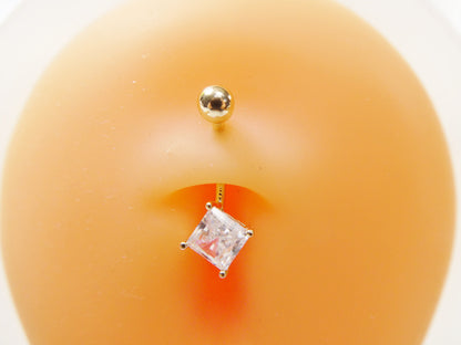 14k Real Solid Yellow Gold Square Stone Belly Button Ring Piercing