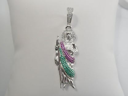 Real Solid 925 Sterling Silver Large Color Stone Saint Jude Pendent