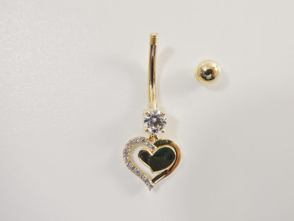 14k Real Solid Yellow Gold Heart Dangling Belly Button Ring Piercing