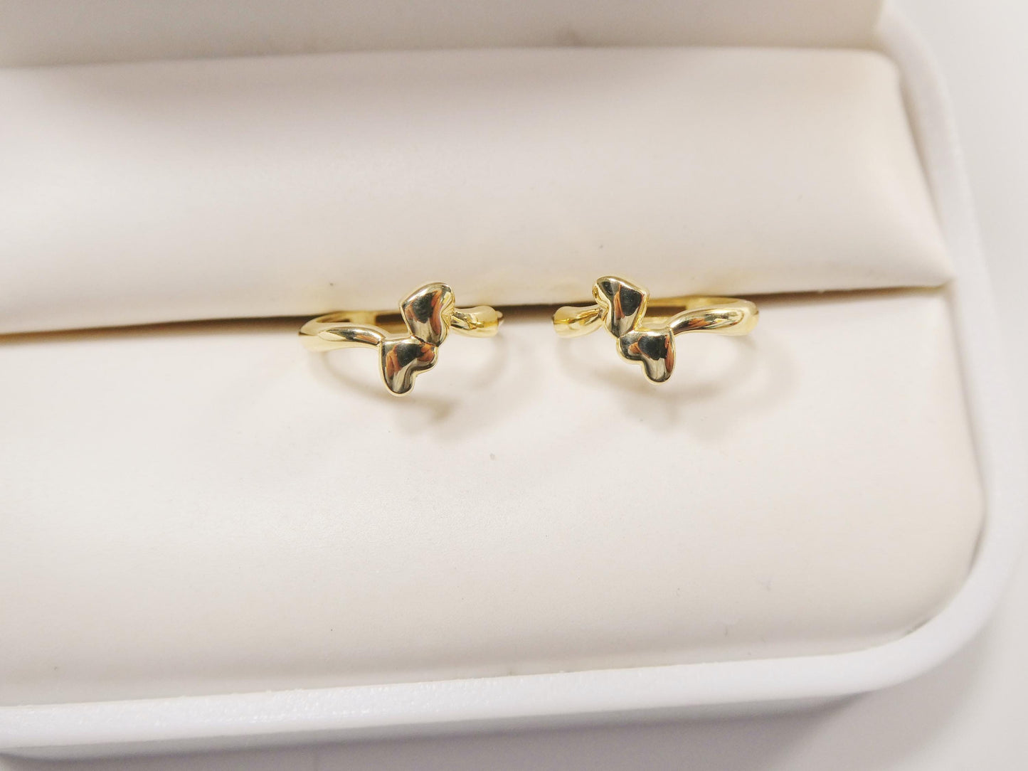 real 10k solid yellow gold double heart dropping huggie earrings