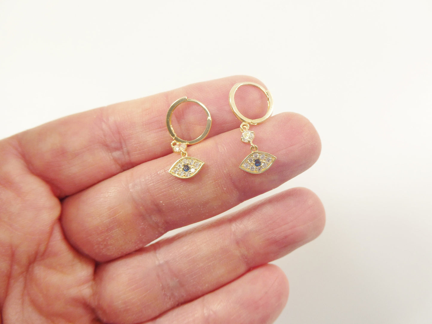 10k real yellow gold evil eye dangle  plain huggie earrings
